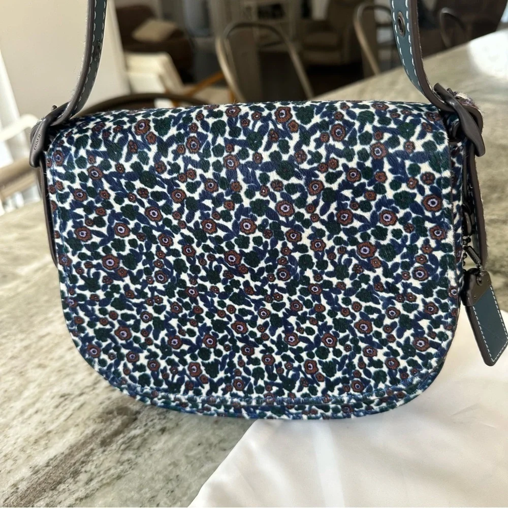 Coach Saddle 23 Blue and Pink floral calf hair crossbody Bag Rare NWT